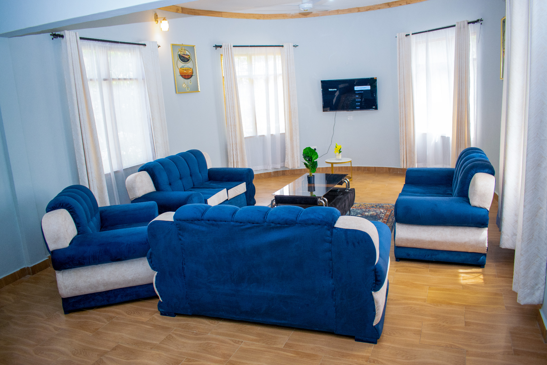 Modern villa living area with rattan furniture