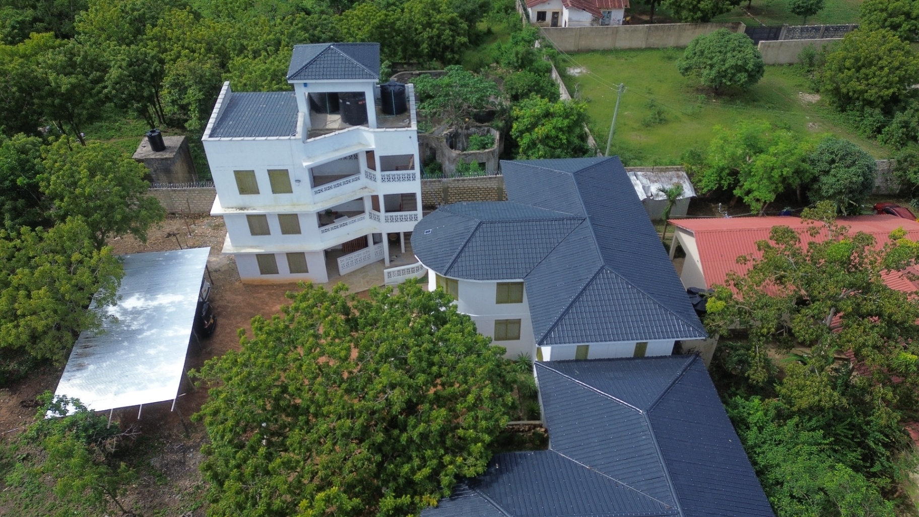 Overhead view of mosaic-tiled pool