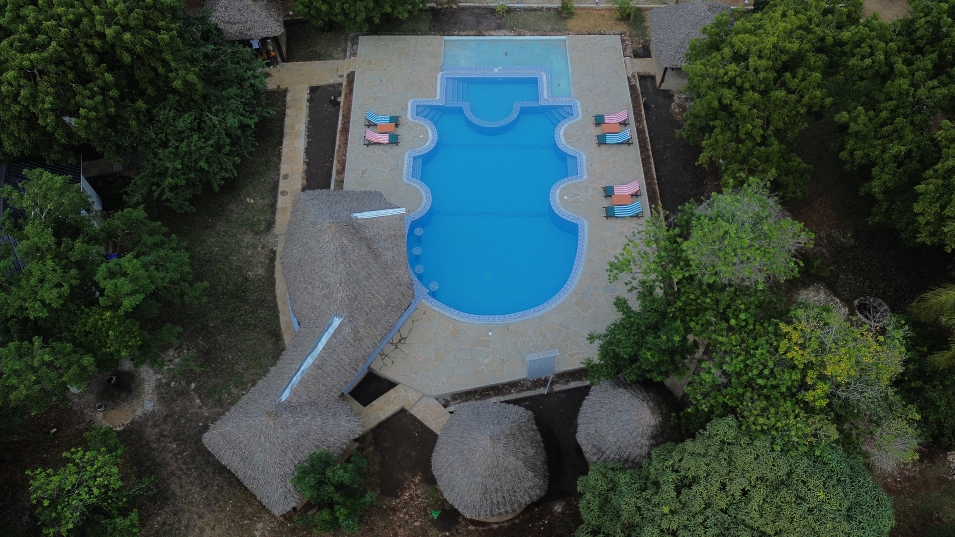 Liam Pool surrounded by tropical gardens and makuti cabanas