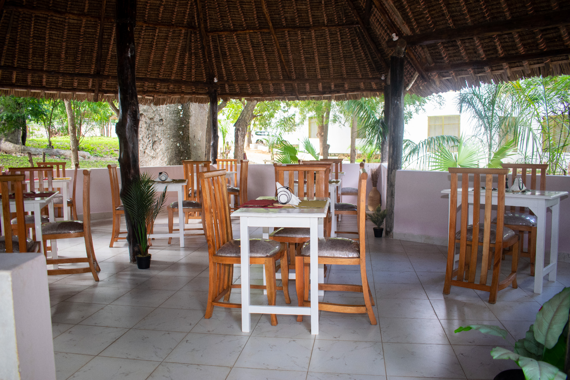 Aroma restaurant — thatched makuti roof dining gazebo at Musituni